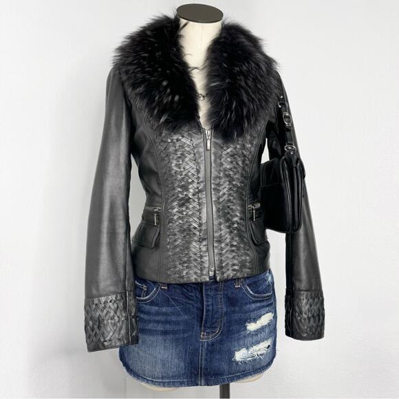 Cache Leather Jacket Raccoon Fur Collar Silver Woven Size 2 Y2K 90s - Picture 1 of 13